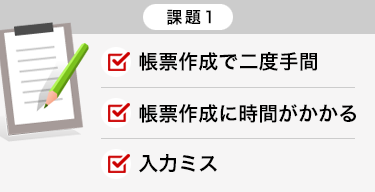 課題１:帳票作成で二度手間／帳票作成に時間がかかる／入力ミス